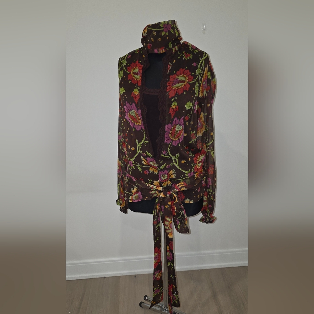 Say Chic Floral Sheer Cut Out Blouse with Waist Tie , XS
